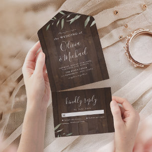 Elegant greenery barn wood county rustic wedding all in one invitation