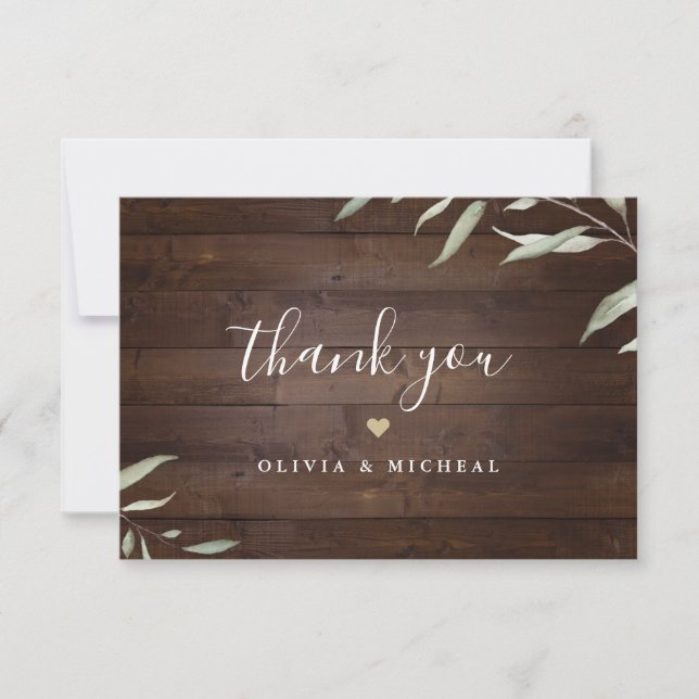 Elegant greenery barn wood county rustic wedding thank you card (Front)