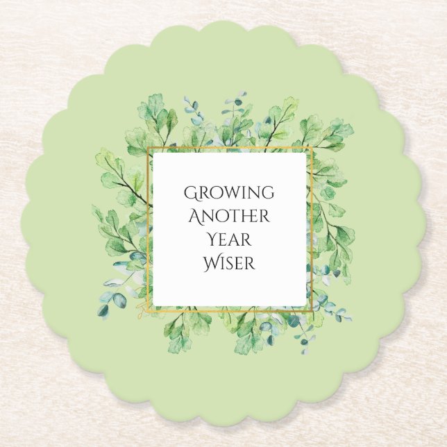 Elegant Greenery Birthday Party Customisable Paper Coaster (Front)