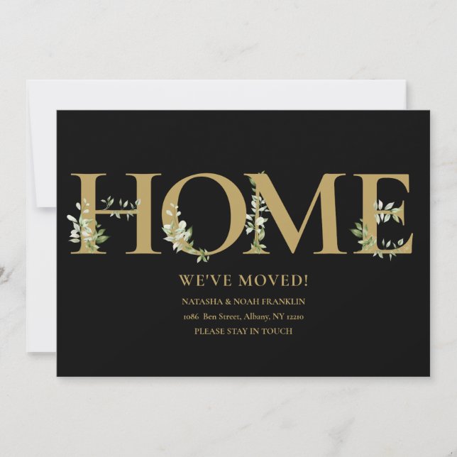 Elegant Greenery Black And Gold Home Moving  Announcement (Front)