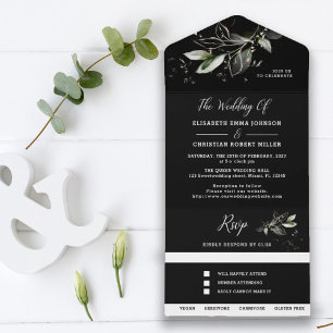 Elegant Greenery  Black Botanical Wedding  All In  One Invitation