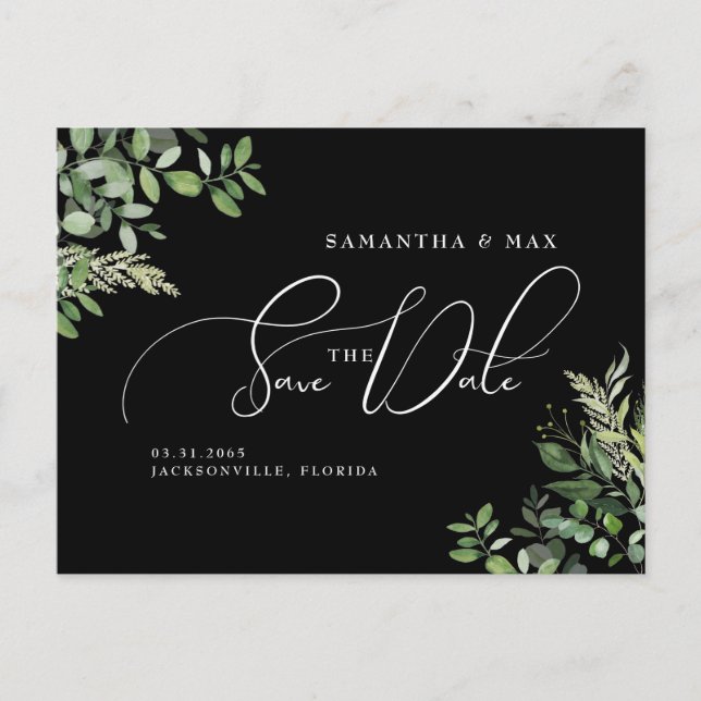 Elegant Greenery Black Photo Save the Date Announcement Postcard (Front)