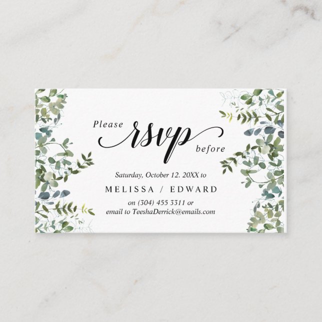 Elegant Greenery, Black, RSVP respond, Reply Enclosure Card (Front)