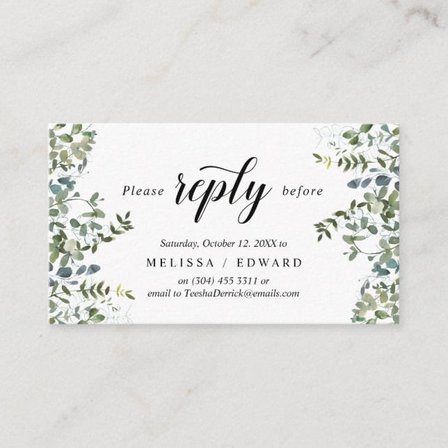Elegant Greenery, Black, RSVP respond, Reply Enclosure Card (Front)