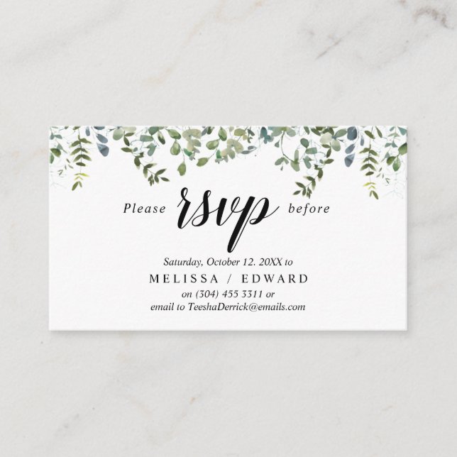Elegant Greenery, Black, RSVP respond, Reply Enclosure Card (Front)