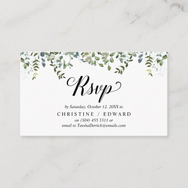 Elegant Greenery, Black Script, RSVP respond Enclosure Card (Front)