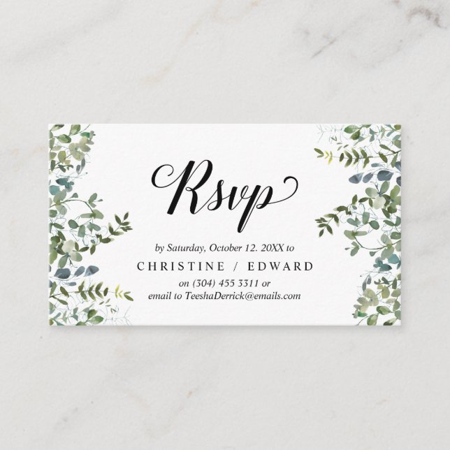 Elegant Greenery, Black Script, RSVP respond Enclosure Card (Front)
