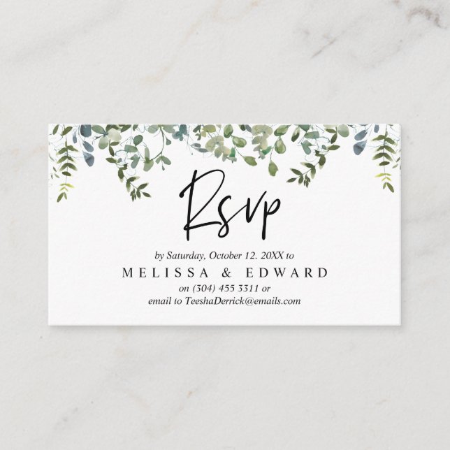 Elegant Greenery, Black Script, RSVP respond Enclosure Card (Front)
