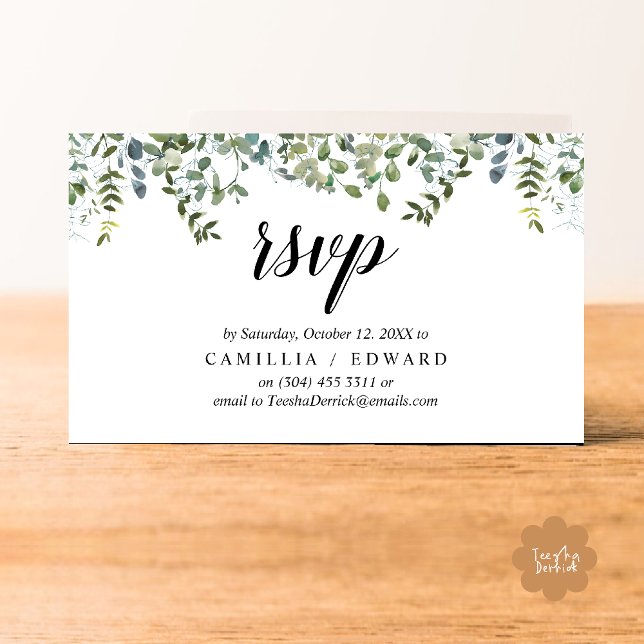 Elegant Greenery, Black Script, RSVP respond Enclosure Card (Wedding invitation RSVP via Phone or email respond reminder Enclosure Card in aesthetic Greenery)