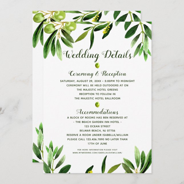 Elegant Greenery Boho Summer Wedding Details Card (Front/Back)