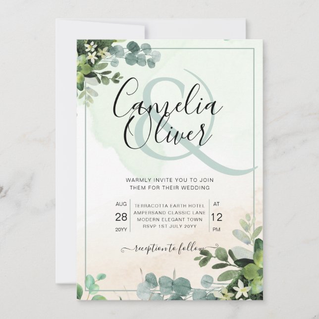 Elegant Greenery Botanical Ampersand Wedding Invit Invitation (Front)