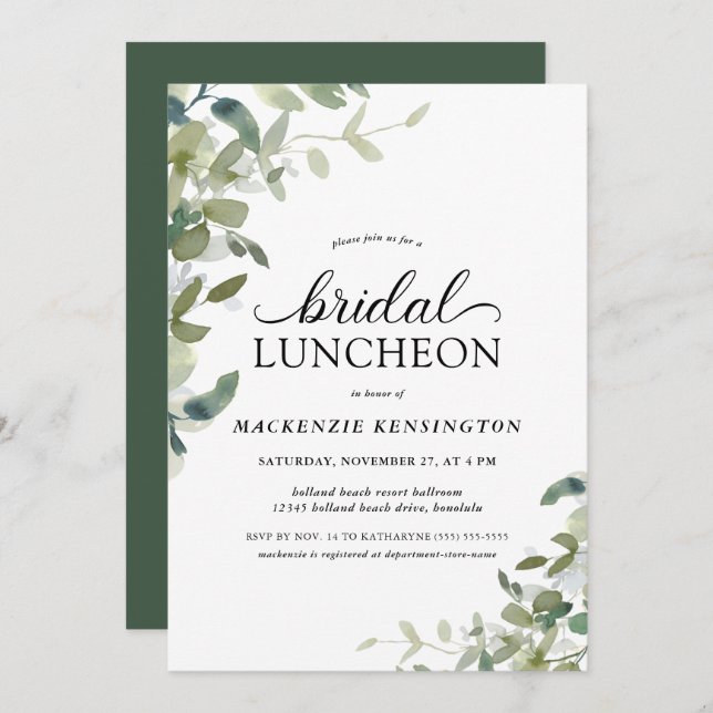 Elegant Greenery Botanical Bridal Luncheon Invitation (Front/Back)