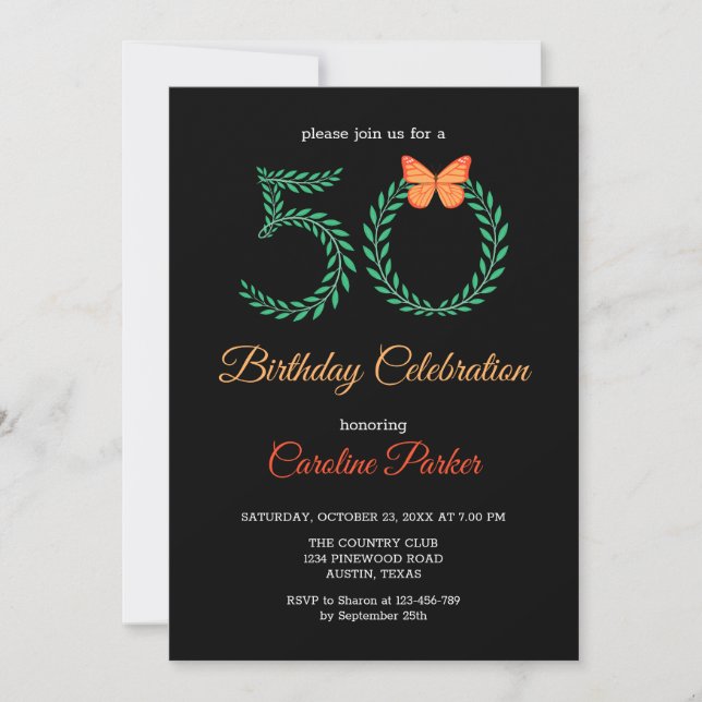 Elegant Greenery Botanical Butterfly 50th Birthday Invitation (Front)