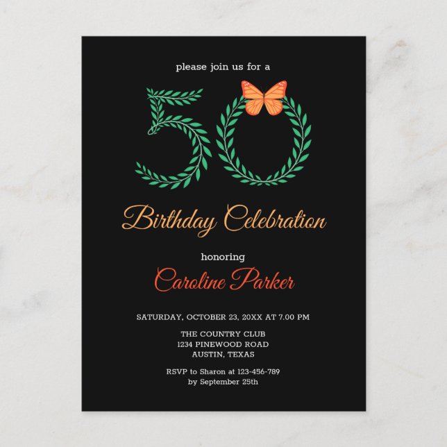 Elegant Greenery Botanical Butterfly 50th Birthday Invitation Postcard (Front)