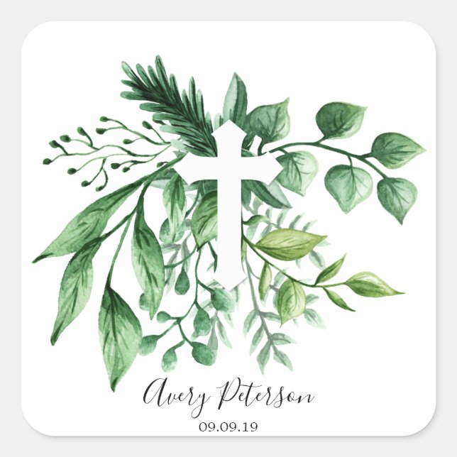 Elegant Greenery Botanical Cross Holy Communion Square Sticker (Front)