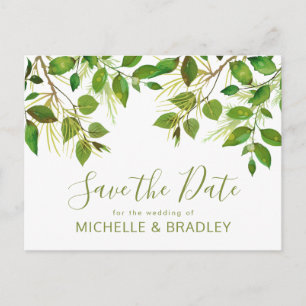 Elegant Greenery Botanical Foliage Save the Date Announcement Postcard