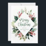 Elegant Greenery Botanical Merry Christmas  Holiday Card<br><div class="desc">This Elegant Greenery Botanical Merry Christmas Holiday Card features a festive watercolor arrangement of holly leaves, pine, and bright red berries, beautifully framing a diamond-shaped greeting in elegant script. Its classic green-and-red palette gives it a timeless, sophisticated look that’s perfect for spreading holiday cheer. It’s easily customisable, and if you...</div>