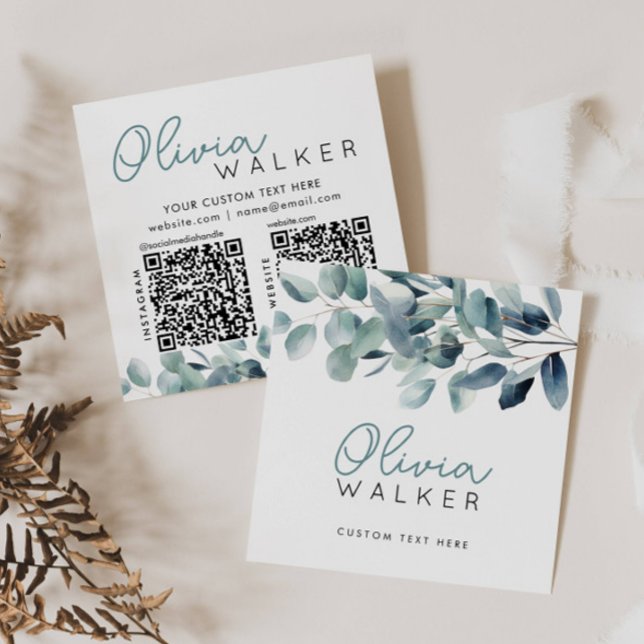 Elegant Greenery Botanical Script Name 2 QR Code Square Business Card (Creator Uploaded)
