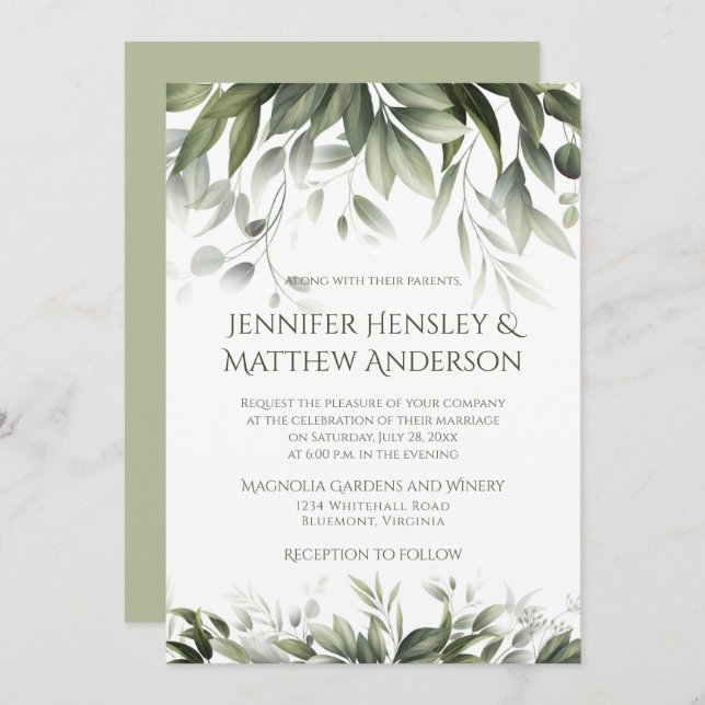 Elegant Greenery Botanicals - Light Olive Green Invitation (Front/Back)