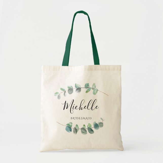 Elegant Greenery Bridesmade Eucalyptus Leaf Name  Tote Bag (Front)