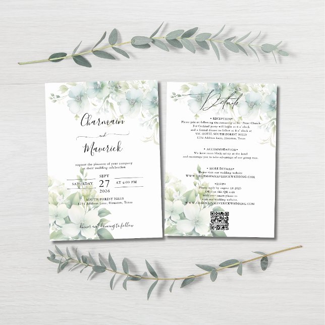 Elegant Greenery Budget QR code Wedding Invitation (Creator Uploaded)