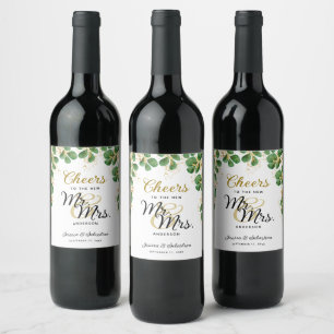 Elegant Greenery Cheers to Mr and Mrs Wedding Wine Label