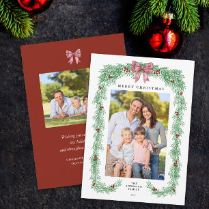 Elegant Greenery Christmas Garland Bow 2 Photos Holiday Card