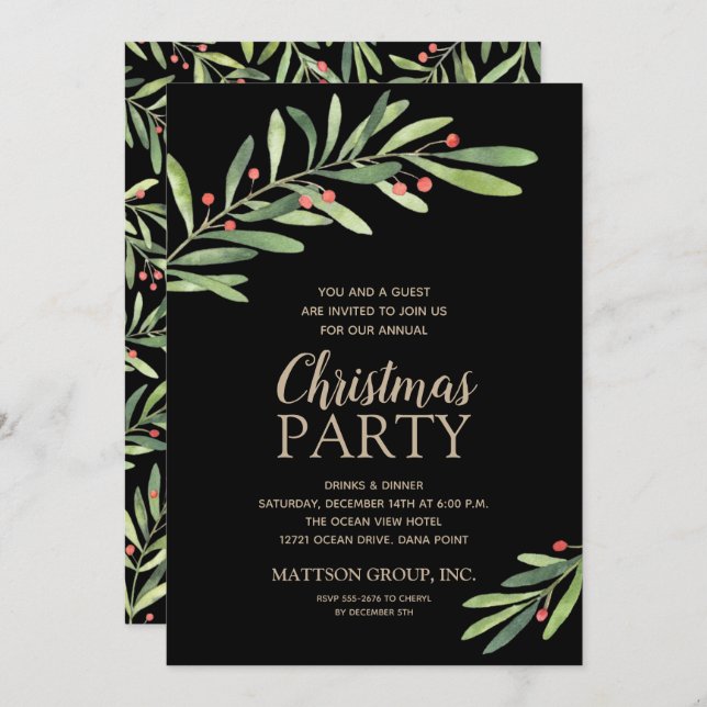 Elegant Greenery Christmas Party Invitations (Front/Back)