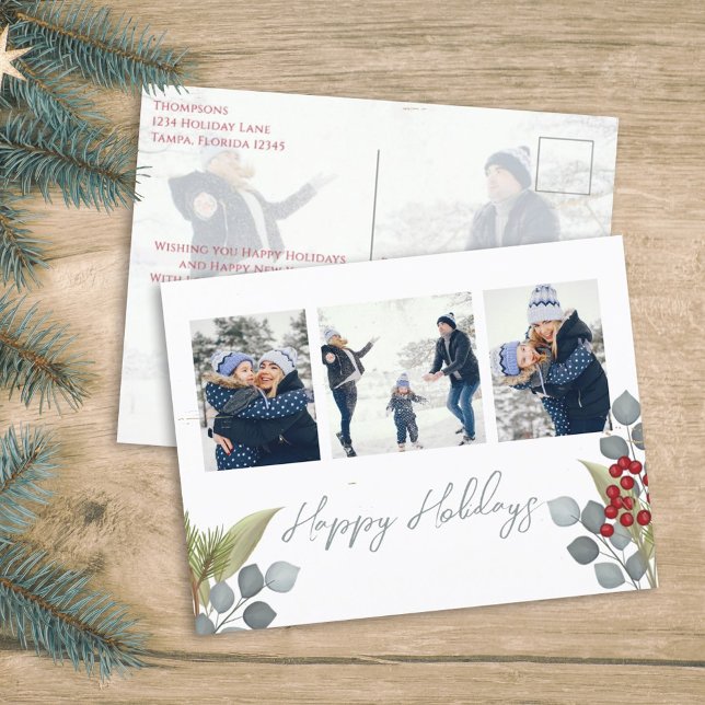Elegant Greenery Christmas Photo Collage Holiday Postcard (Happy Holidays Christmas photo budget friendly postcard template. )