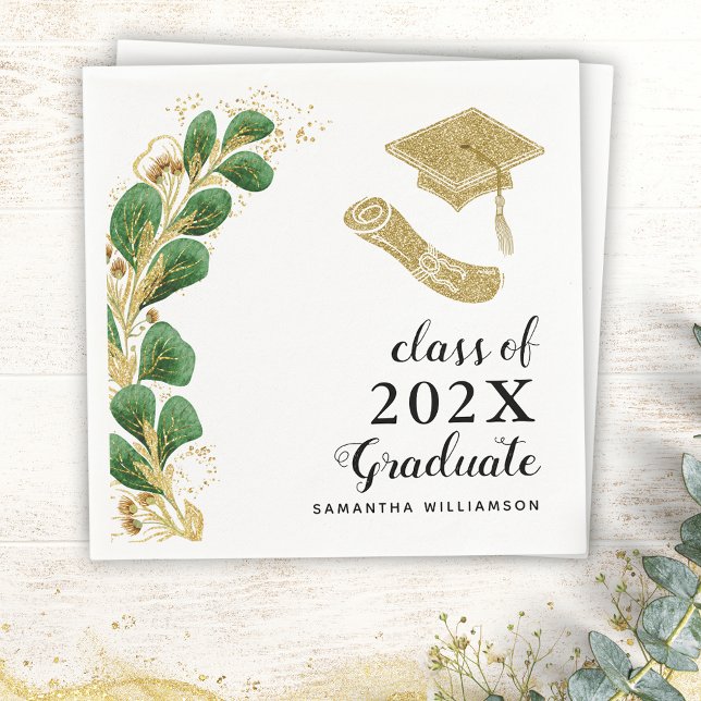 Elegant Greenery Class of 2025 Graduation Napkin (Custom Elegant Graduation Napkins with Greenery, Grad's Cap and Diploma Illustrations)