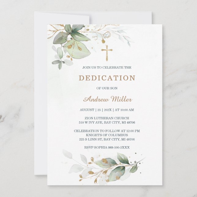 Elegant Greenery Dedication for Baby Boy Ceremony Invitation (Front)