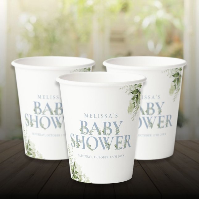 Elegant Greenery Dusty Blue Baby Shower Paper Cups (Elegant Greenery Dusty Blue Baby Shower Paper Cups)