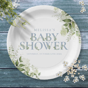Elegant Greenery Dusty Blue Baby Shower Paper Plate