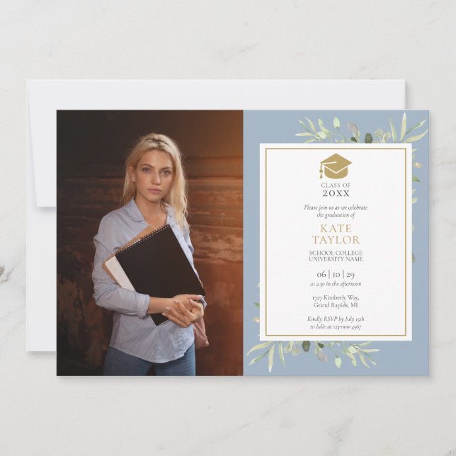 Elegant Greenery Dusty Blue Graduation Party Photo Invitation (Front)
