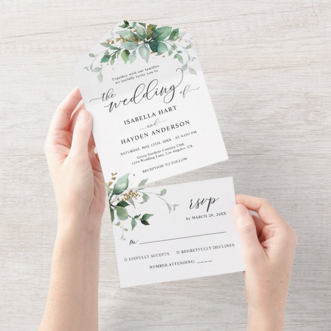 Elegant Greenery Emerald Gold Wedding Details RSVP All In One Invitation (Tearaway)