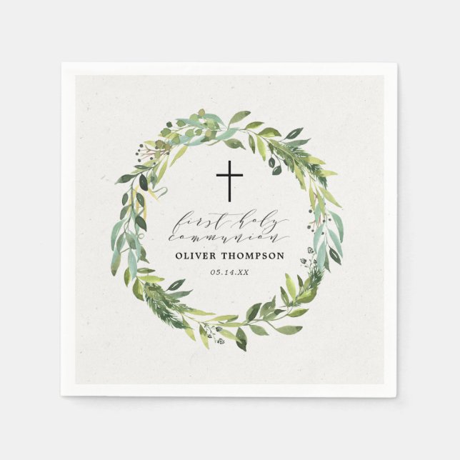 Elegant Greenery Eucalyptus First Communion Paper Napkin (Front)