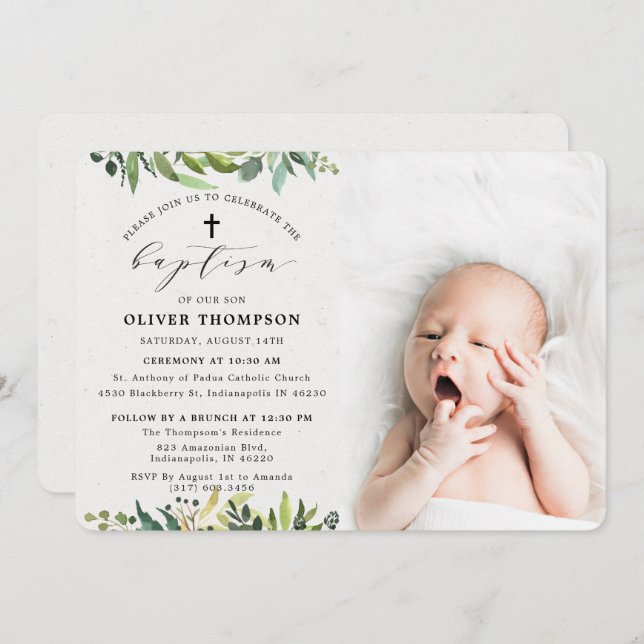 Elegant Greenery Eucalyptus Foliage Photo Baptism Invitation (Front/Back)