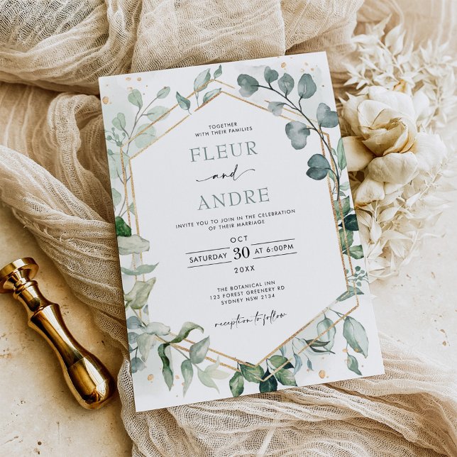 Elegant Greenery Eucalyptus Geometric Gold Wedding Invitation (Creator Uploaded)