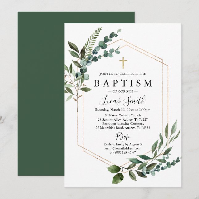 Elegant Greenery Eucalyptus Gold Cross Baptism Invitation (Front/Back)