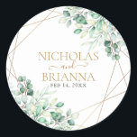 Elegant Greenery Eucalyptus Gold Geometric Wedding Classic Round Sticker<br><div class="desc">Elegant Greenery Eucalyptus Gold Geometric Wedding Classic Round Sticker. Featuring watercolor eucalyptus leaves,  and a gold geometric frame.</div>