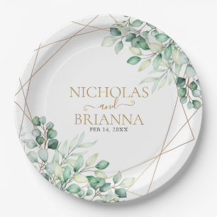 Elegant Greenery Eucalyptus Gold Geometric Wedding Paper Plate