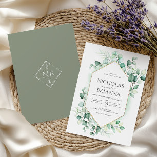 Elegant Greenery Eucalyptus Gold Rustic Wedding Invitation