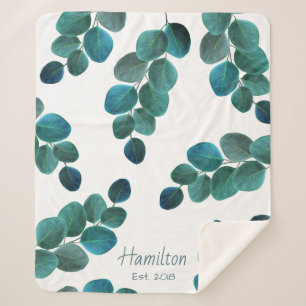 Elegant Greenery   Eucalyptus Leaves & Family Name Sherpa Blanket
