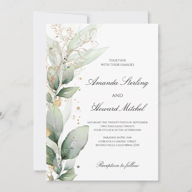 Elegant greenery eucalyptus leaves gold wedding invitation (Front)