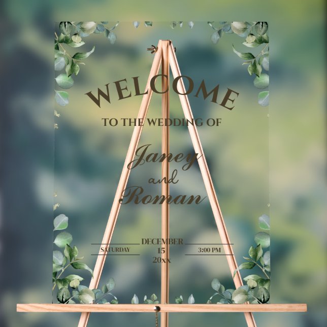 Elegant Greenery Eucalyptus Leaves Rustic Wedding Acrylic Sign (Neutral)