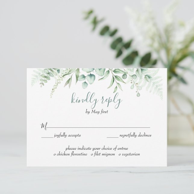 Elegant Greenery Eucalyptus Leaves Wedding meal  RSVP Card (Standing Front)
