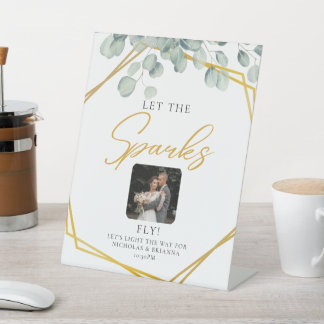 Elegant Greenery Eucalyptus Leaves Wedding sparkle Pedestal Sign