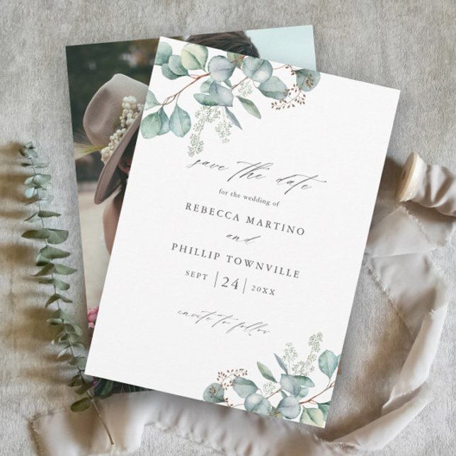 Elegant Greenery Eucalyptus Photo Wedding Save The Date (Elegant Eucalyptus Greenery Wedding Save the Dates with Photo on the Back.)