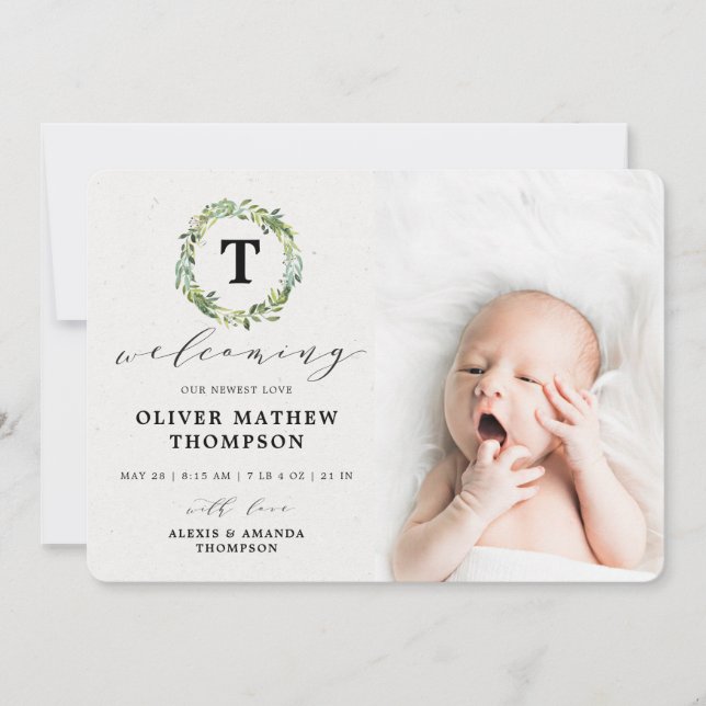 Elegant Greenery Eucalyptus Watercolor Photo Birth Announcement (Front)