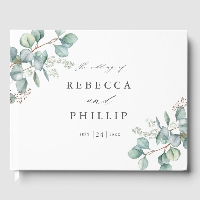 Elegant Greenery Eucalyptus Watercolor Wedding Guest Book (Front)